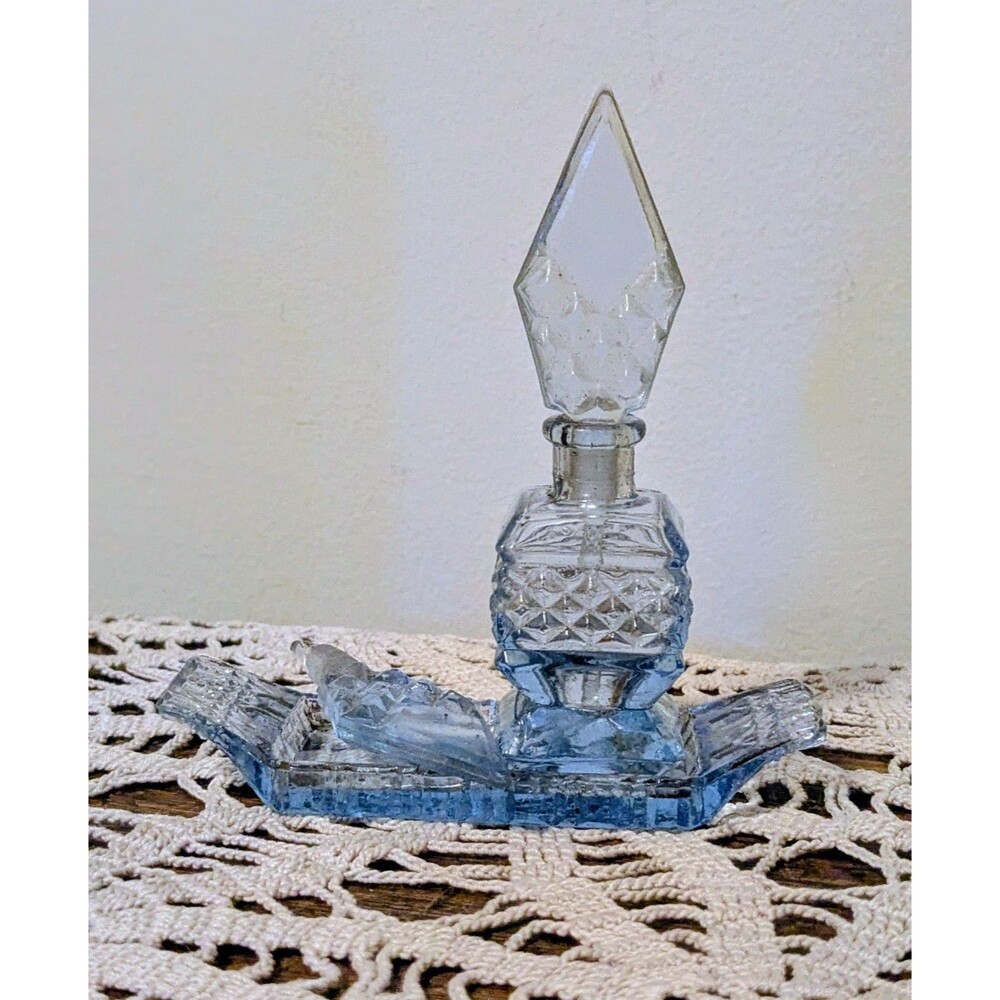 Vintage Art Deco Ice Blue Glass Miniature Perfume Bottle with Matching Tray